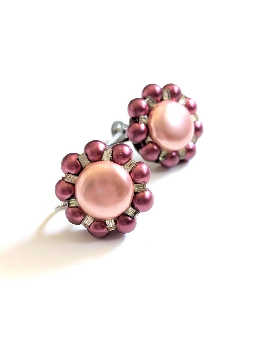 Vintage Pink Bead Cluster Earrings in Flower Shape - Rhinestones - Screw Back